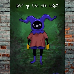 May include: Illustration of a figure with a purple hood and a red shirt, with the text "HELP ME FIND THE LIGHT" in white. The figure has yellow gloves and blue shoes, set against a green background.