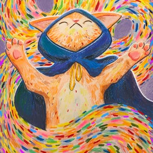 Puede incluir: Un gato de dibujos animados con una capa azul con capucha, con los brazos levantados, est&aacute; rodeado de l&iacute;neas coloridas que giran. El fondo es un remolino morado y blanco.