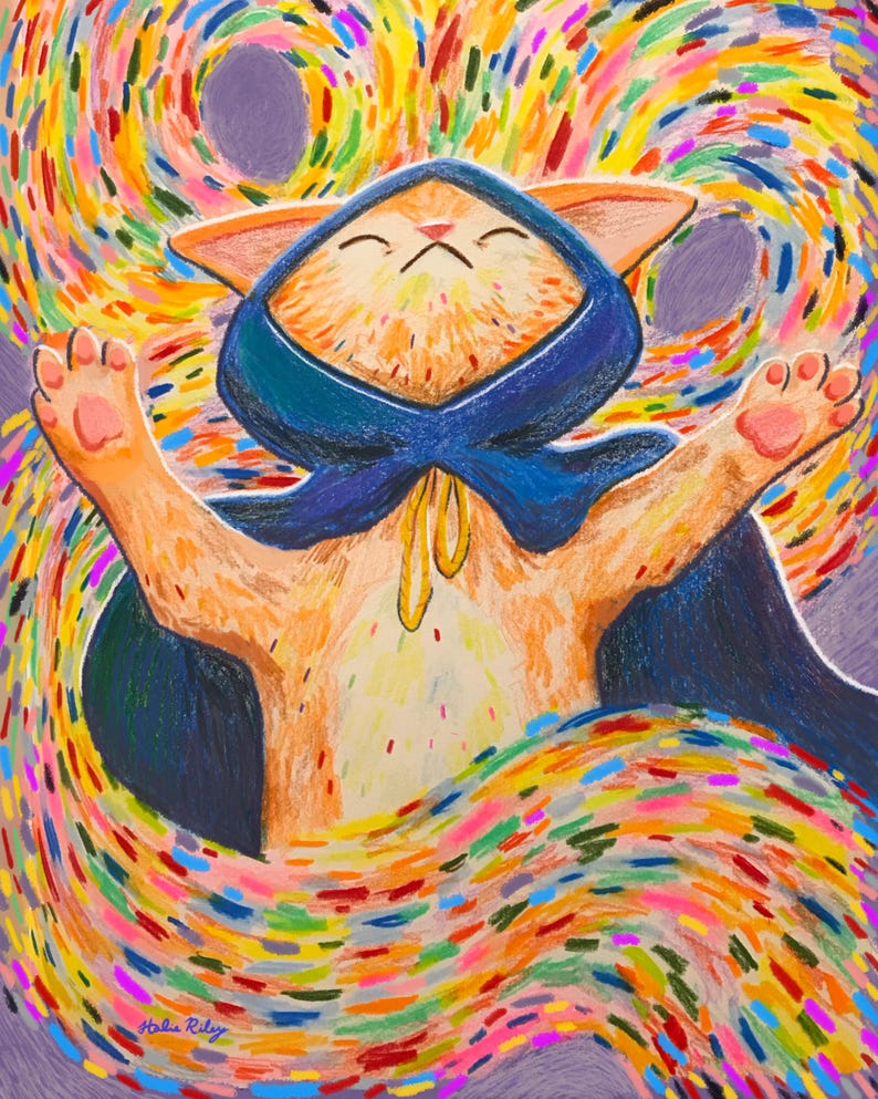 Puede incluir: Un gato de dibujos animados con una capa azul con capucha, con los brazos levantados, est&aacute; rodeado de l&iacute;neas coloridas que giran. El fondo es un remolino morado y blanco.