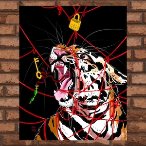 May include: Digital art print of a roaring tiger, its mouth open, entangled in red threads. A gold key, lock, and green charm dangle above. The tiger's fur is orange, black, and white against a black background.