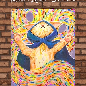 Puede incluir: Una pintura digital de un gato con una capa azul con capucha, sobre un fondo de pinceladas coloridas que se arremolinan. La pintura se titula "Riley Art Studio".