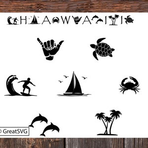 Hawaii SVG, Surfing SVG, Surfer SVG, Beach svg, Shaka sign svg, hang loose svg, Shaka sign svg, sailboat svg, surfboard svg, palm trees svg