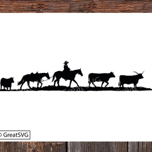 May include: Black silhouette of a cowboy riding a horse, followed by three cows, all walking in a line. The image is set against a white background.