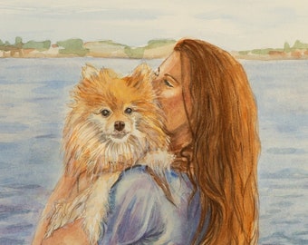 Custom PORTRAIT, Watercolour, Oil or Acrylic Pet portrait with owner from photo  Hand Painted UNIQUE GIFT Personalized gift