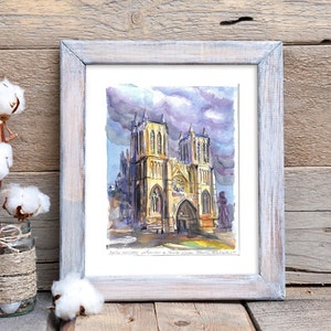 Dipinto ad acquerello della cattedrale di Bristol su carta Canson 300 GSM in un supporto e una cornice bianca in legno. Pronto per essere appeso a una parete. Regalo speciale