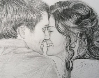 PORTRAIT of a COUPLE, Custom Order, Drawing, Pencil, Charcoal, Wedding, Anniversary + greeting card