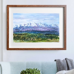 Pintura Montanhas Tatry Polônia Paisagem em aquarela e cartão de felicitações pintado à mão com sua frase
