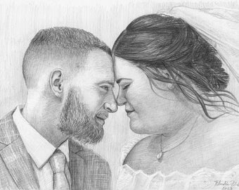 PORTRAIT of a COUPLE, Custom Order, Drawing, Pencil, Charcoal, Wedding, Anniversary + greeting card