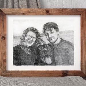 Portrait personnalisé dessiné à la main à partir d'une photo au fusain et d'une carte de voeux gratuite Couple famille animal animal de compagnie cheval chien chat