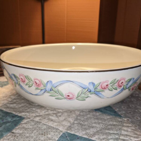 Vintage Halls Superior Wildfire Pink Roses and Blue Ribbons Large Serving Bowl.