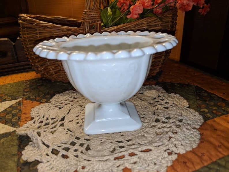 Milk Glass Floral Basket Design Lace Design Compote Candy Pedestal Dish