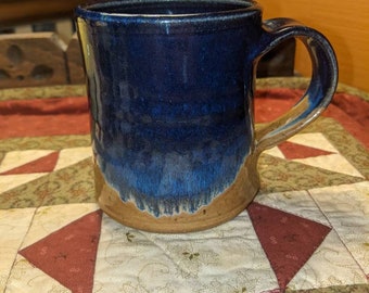 Vintage Studio Pottery Stoneware Blue and Dark Tan Drip Glaze Mug.