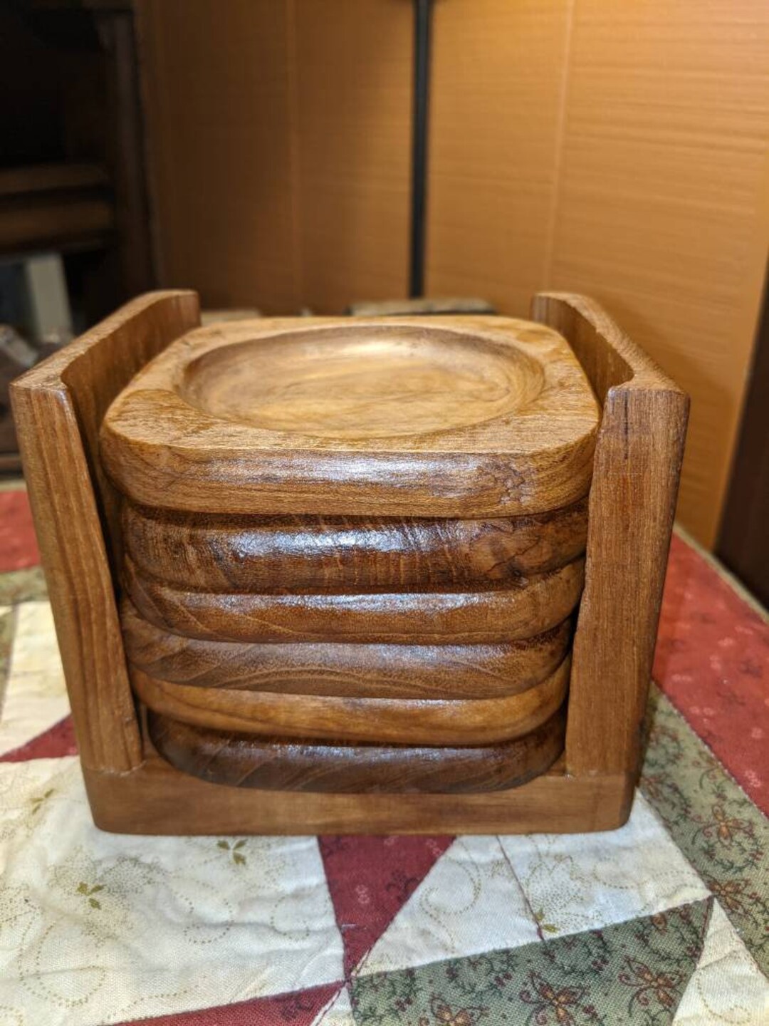 Set of 6 Teak Wood Coasters and Holder. BOHO Style Teakwood Etsy