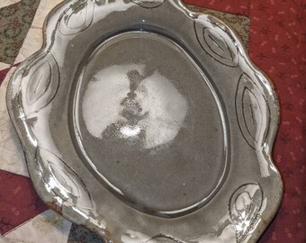 Studio pottery Green Dish- Tray- Trinket with Leaf Design.