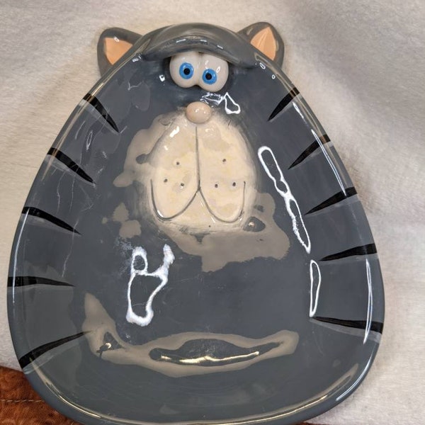 Russ Berrie Alley Katz Grey Kitty Cat Tray- Trinket Dish.