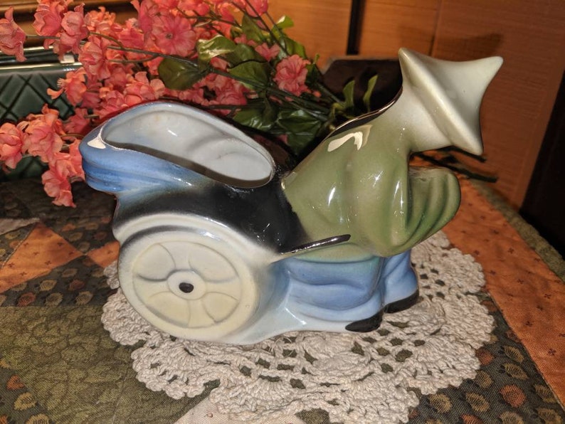 Vintage Mid Century Ceramic Asian Man pulling Rickshaw Planter.
