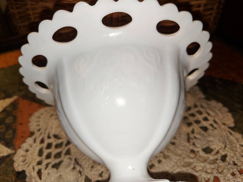 Milk Glass Floral Basket Design Lace Design Compote Candy Pedestal Dish