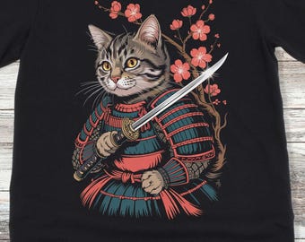 Samurai Cat Shirt, Japanese Cat Shirt with Cherry Blossoms, Anime Shirt for Cat Lovers, Cool Cat Tee, Cat Lover Gift
