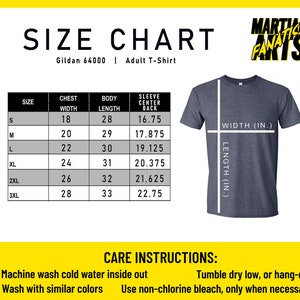 May include: Size chart for a Gildan 64000 adult t-shirt. The chart shows the chest width, body length, and sleeve centre back measurements in inches for sizes S, M, L, XL, 2XL, and 3XL. The chart also includes a diagram of a t-shirt with the width and length measurements labelled in inches.