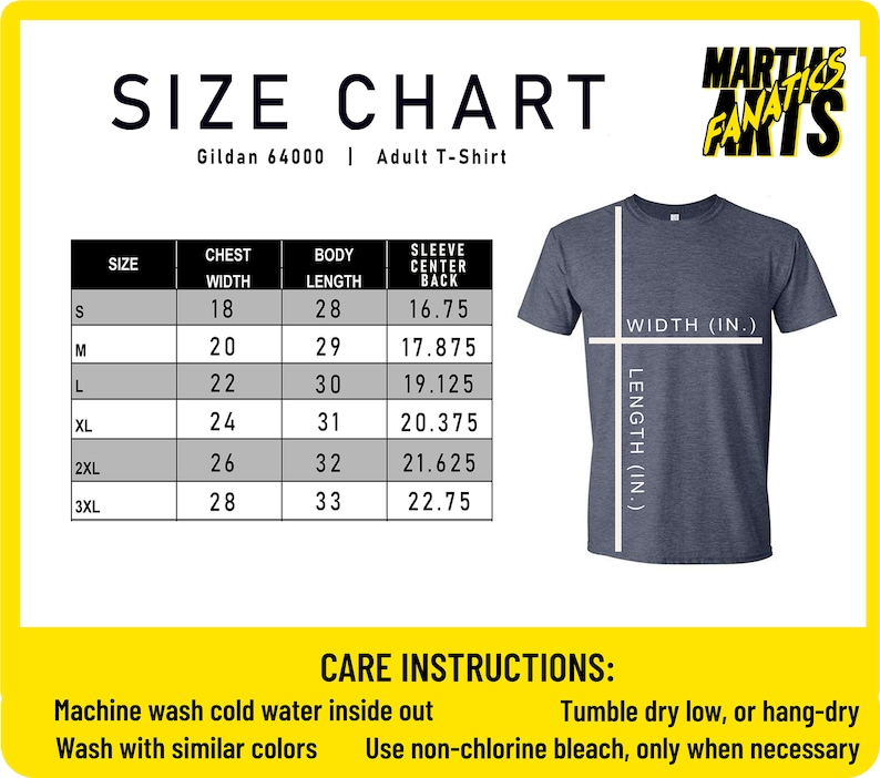 May include: Size chart for a Gildan 64000 adult t-shirt. The chart shows the chest width, body length, and sleeve centre back measurements in inches for sizes S, M, L, XL, 2XL, and 3XL. The chart also includes a diagram of a t-shirt with the width and length measurements labelled in inches.