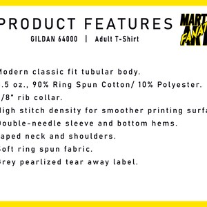 May include: Product features for a Gildan 64000 adult t-shirt. The t-shirt is made of 90% ring spun cotton and 10% polyester. It has a modern classic fit, a 5/8 inch rib collar, and a high stitch density for smoother printing. The t-shirt also features double-needle sleeves and bottom hems, a taped neck and shoulders, and a soft ring spun fabric. The t-shirt has a grey pearlized tear away label.