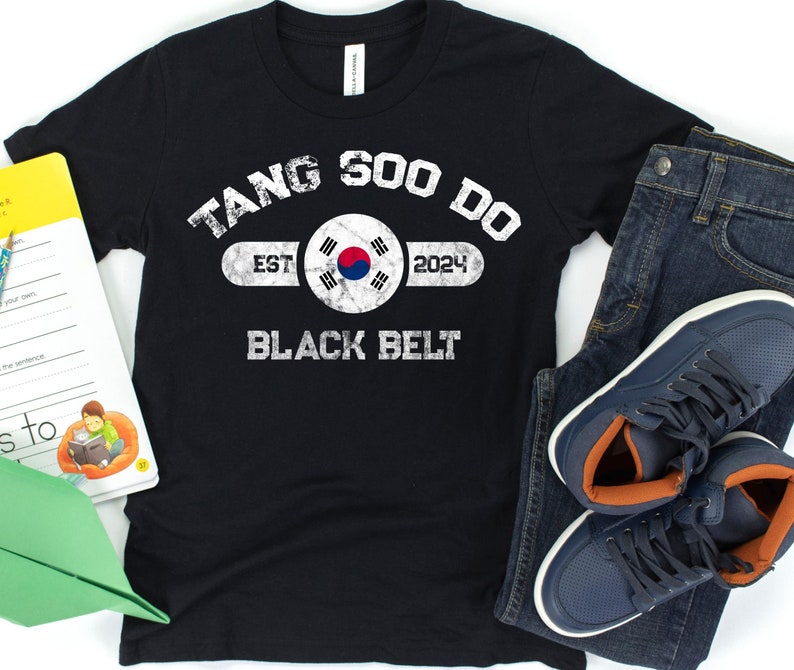 Kinder personalisierte Tang Soo Do Black Belt T-Shirt, individuelles Datum Kampfkunst T-Shirt für Kinder, Tang Soo Do Black Belt Geschenk Black