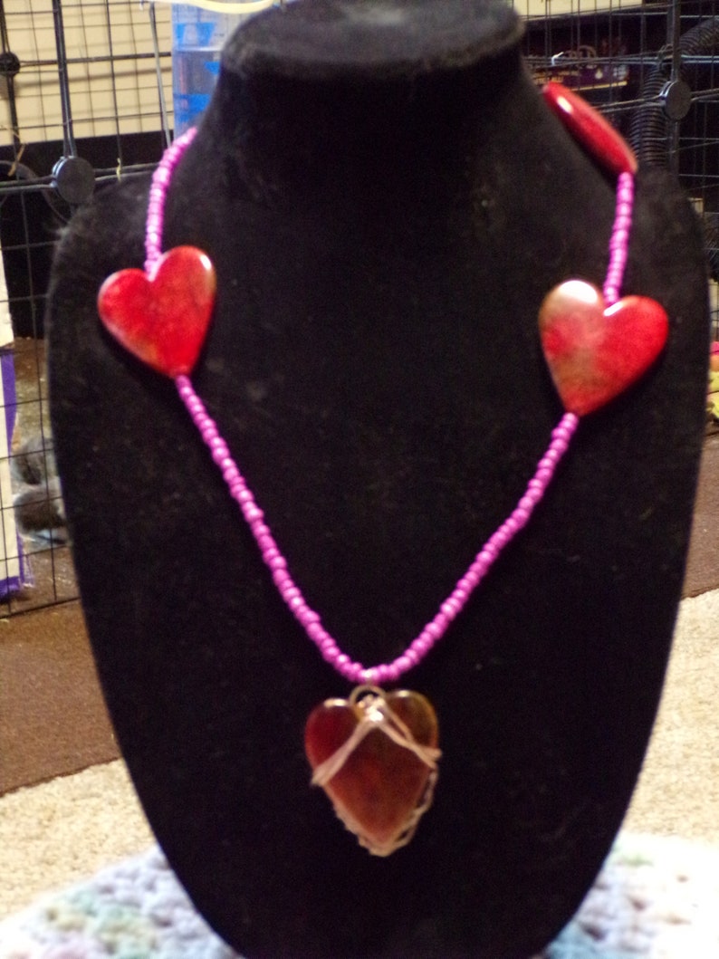 Red Hearts and Pink wood bead stones Valentines Day