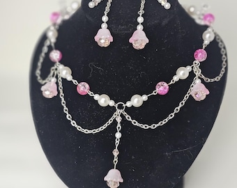 Fairycore Necklace and Earrings Set - Handcrafted Floral Jewelry | Enchanting Soft Pink Crystal Choker