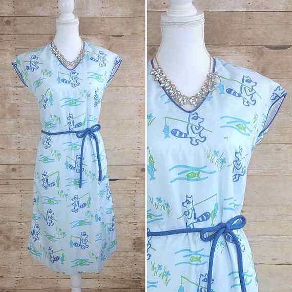 Vintage Vested Gentress Dress, Fishing Racoon Prin