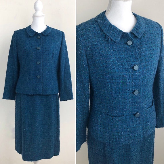 Vintage Tweed Skirt Suit, Blue Tweed Suit, Blazer