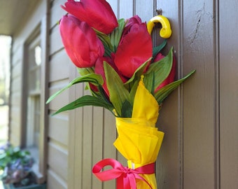 Yellow Umbrella, Red Tulip Bouquet Door Hanger, Spring Decoration, Mother's Day Gift,