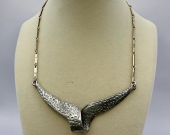 Vintage ART Arthur Pepper Whale Modernist Necklace Silver Tone Hammered Mid Century