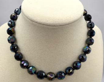 Vintage West Germany Iris Glass Choker Necklace, Faceted Black Iridescent Beads