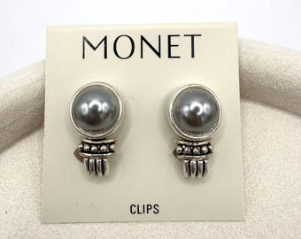 NOS Monet Grey Pearl Like Clip on Earrings on Silver Tone Vintage