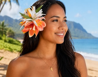 Echter Apricot Plumeria, Orange Orchidee Haarclip - Hula Hochzeit Tahitian Hawaiian Haarteil