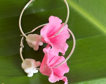 Pink Hibiscus Silver Hoop Earrings