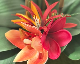Orange Orchidee & Rote Plumeria Haarspange - Hula Hochzeit Tahiti Hawaiianisches Haarteil