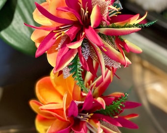 Rot-Gelbe Blume Plumeria Haarspange - Hula Hochzeit Hawaiianisches Tahiti Accessoire