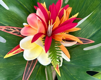 Echte Apricot & weiße Plumeria Haarspange - Hula Hochzeit Tahiti Hawaiianisches Haarteil