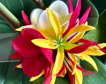 Real-touch Red & White Plumeria Hairclip - Hula Wedding Tahitian Hawaiian Hairpiece