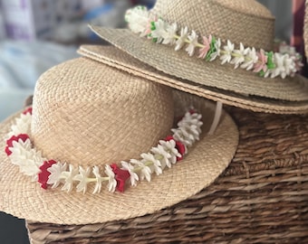 Handmade Pikake Red Hibiscus Clay Flower Lei | 24" Hawaiian Papale Hat Band Necklace