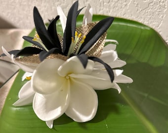 Schwarz & Weiß Einzel Plumeria Hula Haarspange Haarteil - Real Touch Plumeria