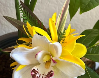 Echte Gelb Plumeria, weiße Orchidee Haarspange - Hula Hochzeit Tahitian Hawaiianische Haarteil