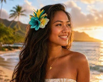 Türkis & weiß/gelb Plumeria Hula Hochzeit Haarspange Haarteil - Real Touch Plumeria