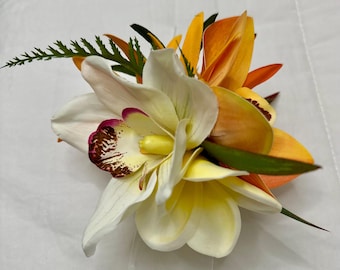 Echte weiße Plumeria & Doppel Orchidee weiß und orange Haarspange Hula Hochzeit Haarteil