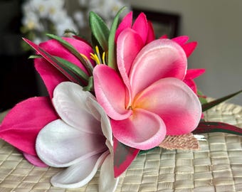 Echte rosa Plumeria, magentafarbene Orchidee - Hula Hochzeit Tahitian Hawaiianisches Haarteil