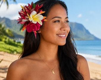 Plumeria Rot-Weiß/Gelbe Blumen-Haarspange - Hula Hochzeit Hawaiianisches Tahiti Accessoire