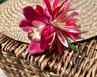 Echte rosa Plumeria, magentafarbene Orchidee - Hula Hochzeit Tahitian Hawaiianisches Haarteil