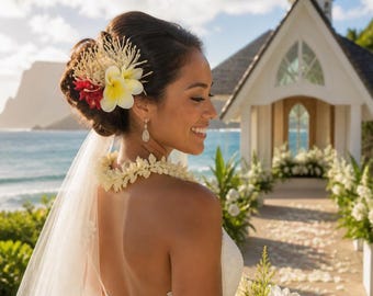 Weißer Protea & Doppel Plumeria Hawaiianische Hula Hochzeit Haarspange Haarteil