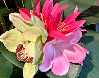 Echte Orchidee Grün & rosa Echt-Touch Plumeria Haarspange - Hula Hochzeit Tahiti Hawaiianisches Haarteil